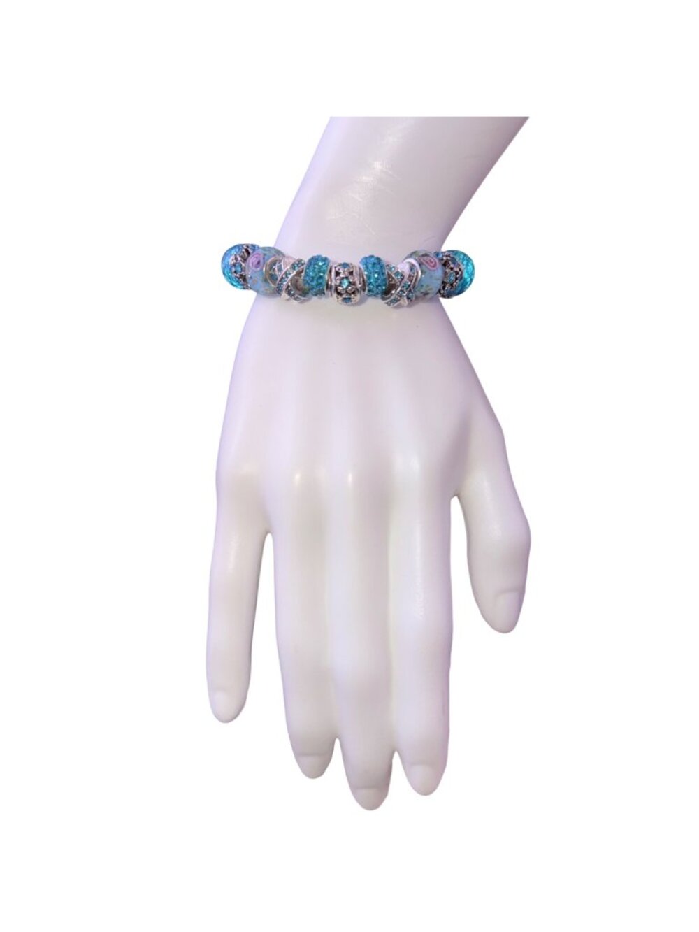 Silver Tone & Blue Womens Beaded Charm Bracelet With Crystal Accents